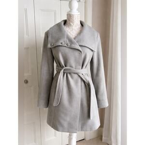 Womens Gray Wool Blend Wrap Coat Belted Jacket Oversized Collar Mid Length Coat